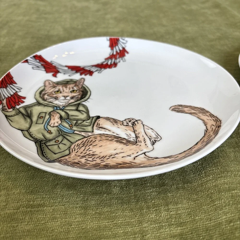 West Elm Rachel Kozlowski Dapper Animal Holiday Cat Set Of 2 Salad Plates 8.5